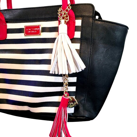Betsey Johnson Striped Tote Bag With Red Handles And Tassel Charm Black & White - Picture 4 of 11